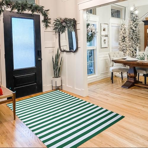 Green & White Striped Rug, 4' x 6' Indoor/Outdoor Area Rug for Front Porch, Entryway, Machine Washable Cotton Woven Welcome Door Mat - color: Green & White Stripe, size: 4' x 6' (Rectangular)