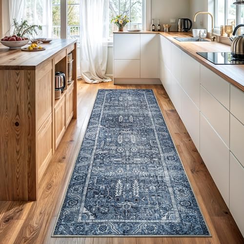 Bloom Rugs Washable Non-Slip 7 ft Runner - Blue Traditional Runner for Entryway, Hallway, Bathroom, and Kitchen - Exact Size: 2.5' x 7' - color: Blue, size: 2'6" x 7' (Runner)
