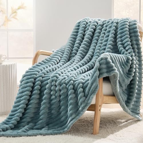 Dusty Blue Striped Throw Blanket, 330GSM Soft Plush Fleece Blanket for Couch Sofa Travel, Decorative Cozy Giftable Home Blanket, 50x70 Inches - color: Dusty Blue, size: Throw XL(50"x70")