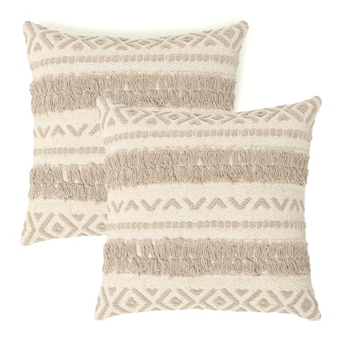 REDEARTH Handmade Boho Throw Pillow Covers - Bohemian Farmhouse Style - Accent Woven Indoor and Covered Patio Pillow Cushion Cases for Couch - Bed - Chair - Sofa - Benches – Set of 2 - 18"x18" - Taupe - color: Geometric Craft Taupe, size: 18" x 18" (Pack