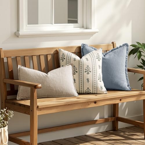 Decorative Vintage Striped Floral Throw Pillow Covers 18x18 Inch Set of 2 Light Blue Farmhouse Boho Botanical Print Cushion Covers for Sofa Couch Chair Bedroom Living Room Summer Home Decor - color: Light Blue, size: 18" x 18" (Pack of 2)