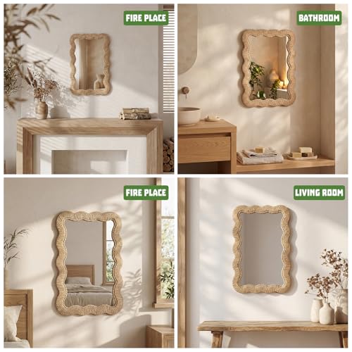 Junkin Boho Coastal Mirror Natural Wicker Scalloped Rattan Mirror with Decorative Rattan Frame Boho Coastal Decor for Bathroom Living Room, Entryway Decor(Rectangle,10.4 x 15.8 in) - size: 15.8"L x 10.4"W, style: Rectangle