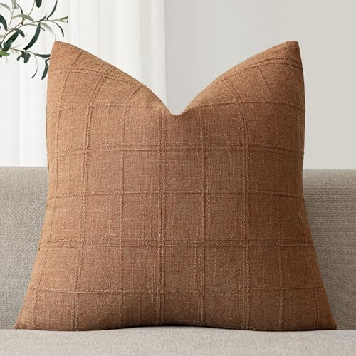 Foindtower Set of 1 Decorative Linen Check Throw Pillow Cover Neutral Farmhouse Vintage Cushion Cover Modern Boho Home Decor for Sofa Chair Couch Bedroom Living Room,16×16 Inch,Orange - color: Autumnal, size: 16" x 16" (Pack of 1)