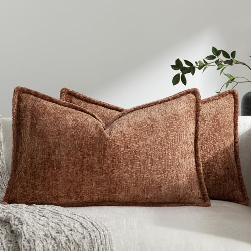 DEZENE Pack of 2 Burnt Orange Fall Decorative Throw Pillow Covers 12x20 Cozy Soft Chenille Accent Vintage Rectangular Lumbar Couch Pillow Covers for Home Decor Bed Sofa Living Room - color: Burnt Orange, size: 20" x 12" (Pack of 2)