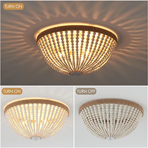 Dia 14.96" Boho Flush Mount Light Fixture Wood Bead, Farmhouse Chandelier, Antique Rustic Ceiling Light Fixture for Kitchen Hallway Entryway Laundry Bedroom Nursery Passway