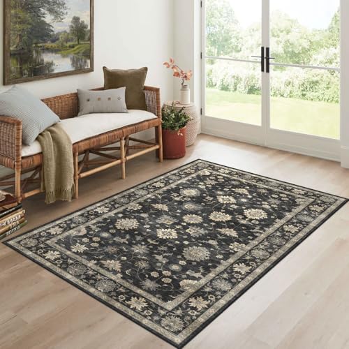LUXRUG 3x5 Washable Area Rug - Small Entryway Rug Non-Slip Charcoal Black Vintage Traditional Floral Kitchen Rugs Low Pile Boho Entry Carpet Throw Rugs for Living Room Bedroom Bathroom Entrance Office - color: Charcoal Black, size: 3' x 5' (Rectangular)