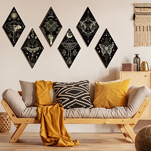 Sintuff 6 Pieces Gothic Wall Decor Boho Sun Moon Phases Wall Art Gothic Minimalist Stars Sun Hanging Wooden Home Decor Farmhouse Pediments for Gallery Living Bedroom Room(Mysterious) - style: Mysterious