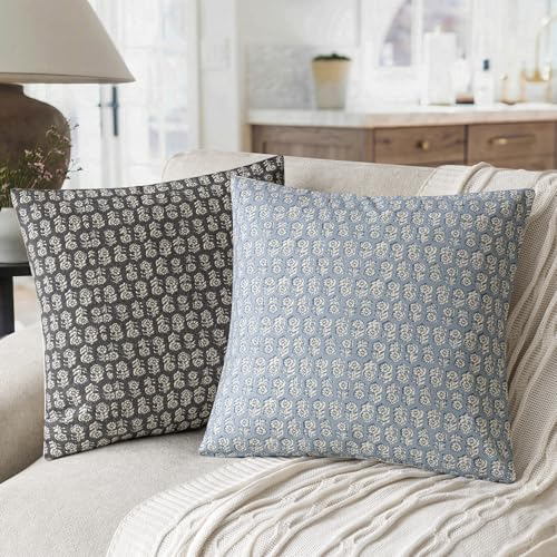 Foindtower Set of 2 Decorative Vintage Floral Print Throw Pillow Covers Neutral Modern Farmhouse Cushion Covers Boho Home Decor for Sofa Chair Couch Bedroom Living Room Outdoor,18×18 Inch,Powder Blue - color: Powder Blue, size: 18" x 18" (Pack of 2)