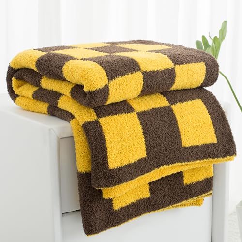 Carriediosa Checkered Throw Blanket 50" X 60", 400GSM Ultra Soft Microfiber Fuzzy Fluffy Reversible Cute Preppy Knitted Blankets Cozy Plush Fall Throws for Couch, Bed, Sofa, Yellow and Brown - color: Check - Yellow and Brown, size: 50" X 60"