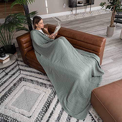 Comfy Cubs Muslin Throw Blanket - 50” x 60” Quilted Design - Lightweight, Breathable 6-Layer Gauze Fabric - Soft Cotton Blanket for Home or Travel - Packaged in Elegant Gift Box - Fern - color: Fern, size: Throw - 50" X 60"