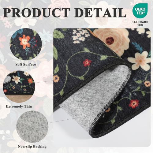 DUKINO 3x5 Area Rug, Floral Rugs for Living Room, Lightweight Non Slip Washable Rug, Indoor Low Pile & Non-Shedding Boho Design Rugs for Bedroom, Living Room, Dining Room, Black - color: Black, size: 3' x 5' (Rectangular)