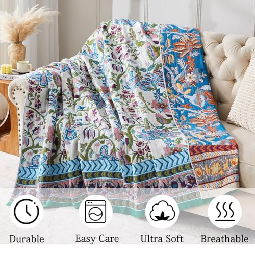 Boho Blanket Soft Muslin BohoThrow Blanket, 100% Cotton Floral Printed Farmhouse Decor All Season Reversible Rustic Throw for Sofa Couch Chair (White, 50"x60") - color: White, size: 50"x60"