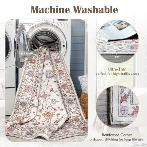 LUXRUG 2x3 Washable Entryway Rug - Small Entry Rug Non-Slip Cream Colorful Vintage Traditional Floral Kitchen Rugs Low Pile Boho Carpet Throw Rugs for Bedroom Bathroom Entrance Dorm Laundry Room - color: Cream Multi, size: 2' x 3' (Rectangular)