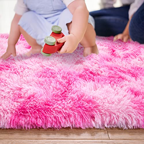 junovo Ultra Soft Washable Shaggy Rug - Non-Slip Oval Carpet for Nursery, Kids Bedroom & Home Decor (2.6x5.3ft Tie-Dye Pink) | Plush Fluffy Floor Mat for Cozy Living Spaces - color: Tie-dye Pink, size: 2.6' x 5.3'