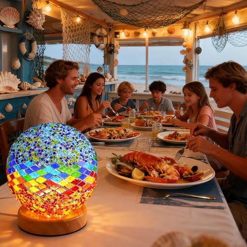 Blue Coastal Mosaic Table Lamp 5V USB Power Stained Glass Decor Lamp Mediterranean Style Light for Seaside Restaurant Yoga Meditation Room Ambiance Lighting Item for Art Lovers Gift - style: Mediterranean Blue