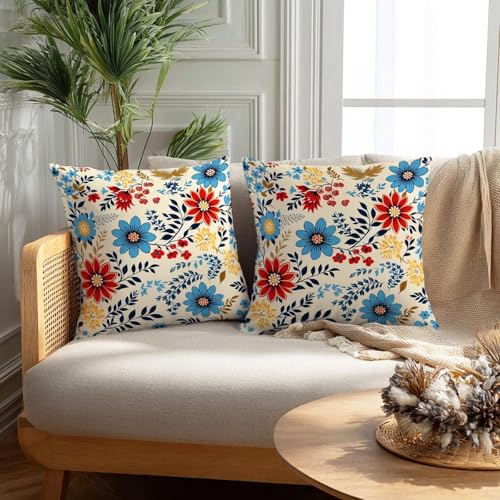 Firmiso Vintage Floral Throw Pillow Covers 18x18 Set of 2 | Flower Decorative Cushion Covers for Couch Sofa Bed | Classic Cottage Style Home Decor Pillow Cases | Beige Blue Red Yellow Accent - color: Boho Floral