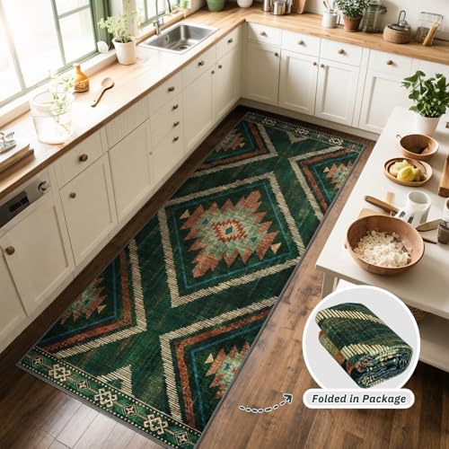 Boho 2.6x8ft Runner Rugs for Hallway Kitchen Non Slip, Long Green Geometric Washable Entryway Rug Runners Low Pile, Soft Vintage Indoor Floor Carpet for Doorway Bedroom Farmhouse Home Decor - color: Green, size: 2'7" x 8' (Rectangular)