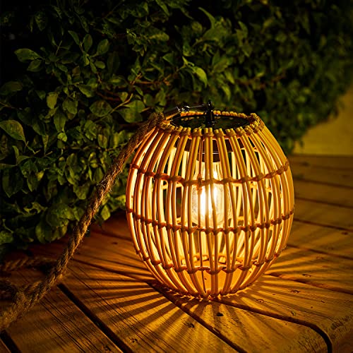 Livinlarge Hanging Solar Lantern Outdoor Waterproof, Large Solar Rattan Lantern Outdoor with Twine Handle, Bright Outdoors Hanging Lights with Edison Bulb for Garden Patio Yard Decoration - style: Solar Lantern