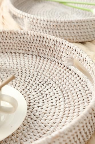HITOMEN Hand-Woven Round Rattan Serving Tray Decorative Ottoman Wicker Platter with Handles for Coffee Table, Breakfast, Drinks, Snack, Bread, Fruit, Vegetables (Whitewash Set of 2: M+L) - color: Whitewash, size: Medium (11.8 inches)/Large (14.2 inches)