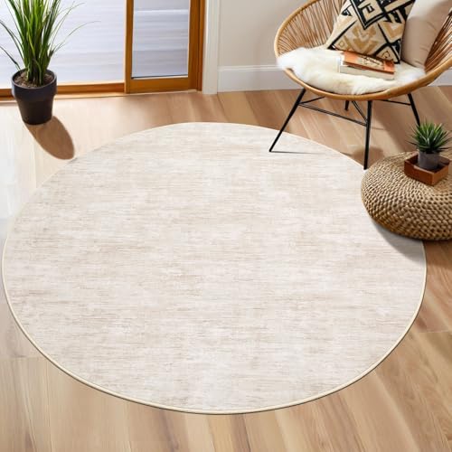 RUGSREAL 3x3 Round Area Rug Small Washable Circle Rug Non Slip Stain Resistant Entry Mat Modern Solid Color Round Living Room Carpet Low Pile Soft Bedroom Mat Neutral Rug for Bedside Nursery, Beige - color: Beige, size: 3' (Round)