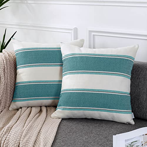 AmHoo Pack of 2 Farmhouse Linen Throw Pillow Cover Cushion Stripe Decoration Buffalo Retro Pillowcase with Hidden Zipper for Sofa Bedroom Car 22 x 22 Inch Teal - color: Teal, size: 22" x 22" (Pack of 2)