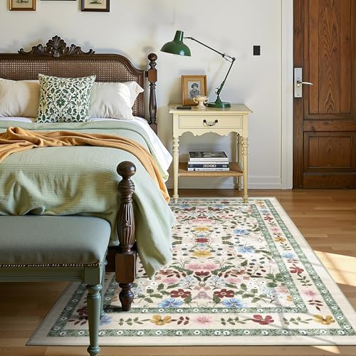 Floral Area Rugs 3x5 Small Thin Entryway Rug - Vintage Boho Washable Non-Slip Living Room Carpet Soft Low Pile Bedroom Floor Mat Indoor Home Decor for Dining Room Playroom Farmhouse, Beige/Green/Multi - color: Beige/Green/Multi, size: 3' x 5' (Rectangular