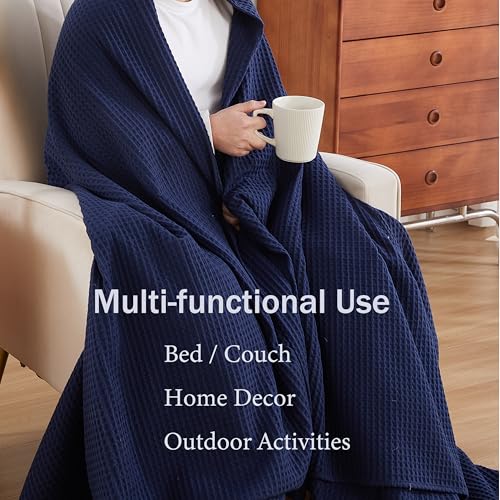 100% Egyptian Cotton Waffle Weave Throw Blanket for Bed Couch Sofa Home Decor, Soft Lightweight Bed & Couch Blanket for All Seasons (Navy Blue - King Size - 104 * 90") - color: Navy Blue, size: King - 104*90''