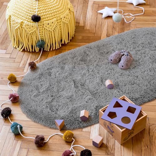 Goideal Fluffy Bedroom Rug, Small Oval Area Rugs, Gray Shag Bedside Carpet for Kids Room Nursery Dorm Cute Fuzzy Indoor Decor for Boy and Girl, 2.6 x 5.3 Feet - color: Grey