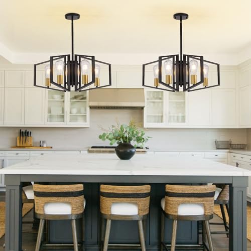 WJShome 4-Light Black and Gold Chandelier, Farmhouse Ceiling Light Fixtures, Dining Room Light Fixtures Over Table, Hanging Geometric Pendant Lights, for Kitchen Island, Bedroom, Foyer, Entryway - color: Black & Gold