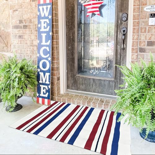 Blue/White/Red Striped Rug 4th of July Door Mat 27.5'' x 43'' Summer Front Porch Rug Independence Day Welcome Doormats for Farmhouse Entrance Porch Outdoors Decor (Blue/red/White, 27.5'' x 43'') - color: Blue/Red/White, size: 2'4" x 3'7" (Rectangular)
