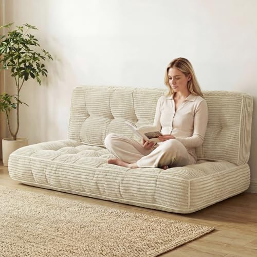 Vercraft 63 Inch Folding Sofa Bed Convertible Chair, 2-in-1 Convertible Boneless Sofa Floor Cushions Couch Mattress Oversized Corduroy Upholstered Sleeper Chair for Living Room Guest Apartment(Beige)