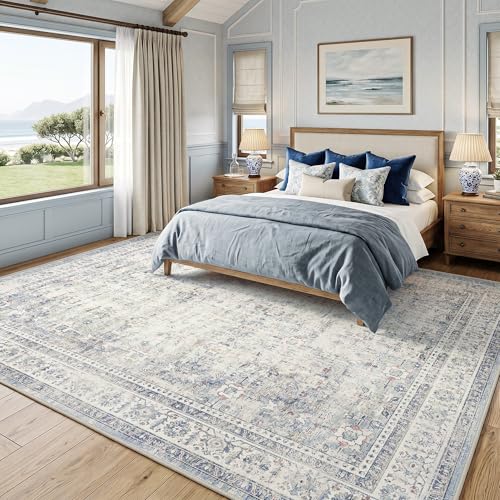 FMFUNCTEX 6x9 Washable Area Rug Blue Neutral Vintage Distressed Oriental Large Non Slip Carpet for Living Room Bedroom Traditional Retro Soft Low Pile Indoor Rugs for Dining Room Office Nursery - color: Blue, size: 6' x 9' (Rectangular)