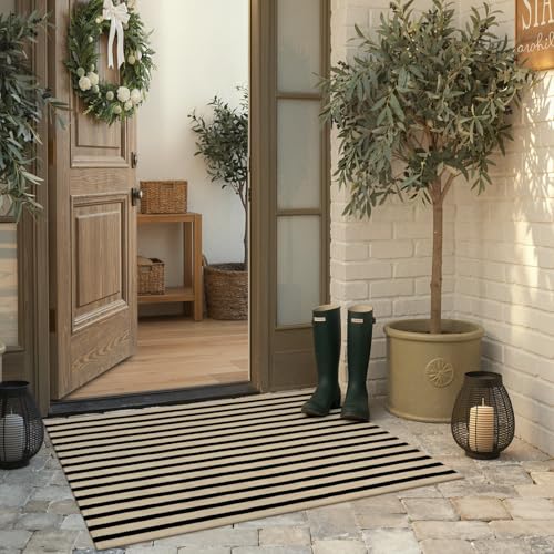 KIMODE Striped Outdoor Rug 27.5x43 Inches, Machine Washable Outdoor Front Porch Rug, Black and Khaki Front Door Mats, Hand Woven Welcome Layered Doormat Entryway Rug for Entrance, Doorway - color: Black/Khaki Stripes, size: 2'4" x 3'7" (Rectangular)