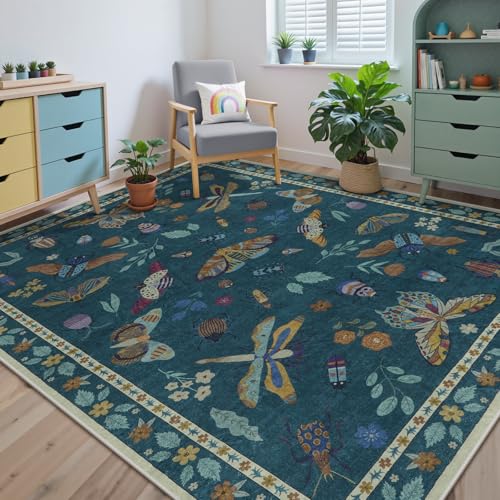 Beeiva Insect Print 5x7 Rug for Bedroom - Soft Washable Non Slip Butterfly Playroom Rugs for Living Room, Stain Resistant Throw Carpet for Office Nursery Dining Room Aesthetic Decor(5'x7',Dark Green) - color: Dark Green, size: 5' x 7' (Rectangular)