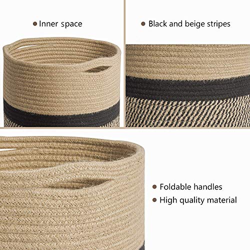 TIMEYARD Sturdy Jute Rope Plant Basket Modern Woven Baskets for 10" Flower Pot Floor Indoor Planters, 11” x 11” Storage Organizer Basket Rustic Home Decor, Black and Beige Stripes - color: Black and Jute, size: 11" x 11"