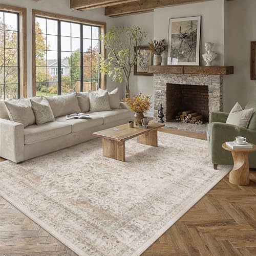5x7 Washable Area Rug Beige Vintage Non Slip Soft Low Pile Rug for Living Room Bedroom Dining Room Office Distressed Oriental Indoor Throw Carpet for Home Decor - color: Light Beige, size: 5' x 7' (Rectangular)