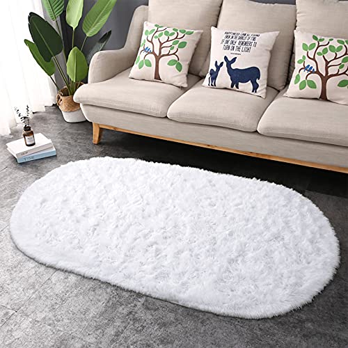 junovo Ultra Soft Washable Shaggy Rug - Non-Slip Oval Carpet for Nursery, Kids Bedroom & Home Decor (2.6x5.3ft White) | Plush Fluffy Floor Mat for Cozy Living Spaces - color: White, size: 2.6' x 5.3'