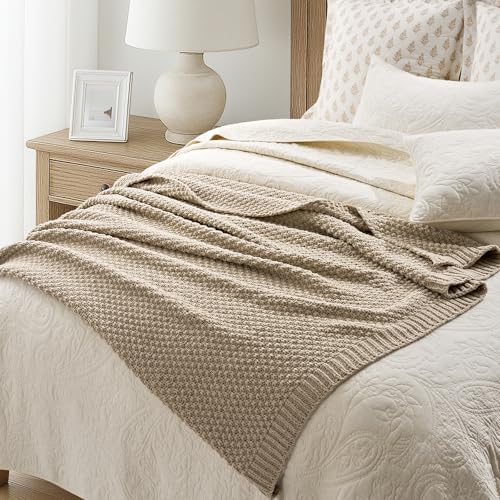 EVERGRACEHOME Chunky Chenille Knit Throw Blanket for Couch, Soft Luxurious Moss Stitch Blankets for Bed, Cozy Decorative Farmhouse Knitted Throws for Sofa, Sand Dune, 50" x 60" - color: Sand Dune, size: 50" X 60"