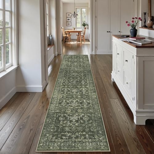 2.6x10 Green Runner Rug Hallway Washable Area Rugs Kitchen Vintage Boho Non Slip Long Rug Floral Carpet Indoor Retro Soft Low Pile Throw Rug for Bedroom Bathroom Laundry Dining Living Room Office - color: Dark Green, size: 2.6' x 10' (Runner)