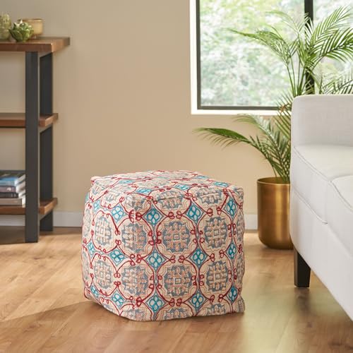 GDFStudio Boho Handmade Fabric Cube Pouf Ottoman Foot Stool - Bean Bag Floor Chair - Foot Rest Couch for Living Room Bedroom,Multicolored,16"" x 16"" x 16"", 313834N - color: Multi Color, size: 16"