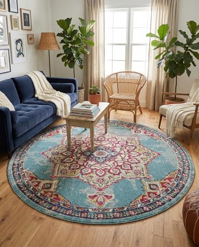 Rugs.com Fleur Collection Rug – 8' Round Light Blue Medium-Pile Rug Perfect for Kitchens, Dining Rooms - color: Light Blue 11, size: 8' (Round)
