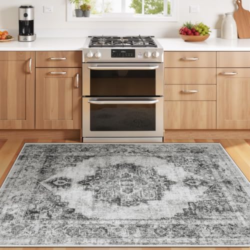 Area Rug 3x5 Vintage Rug: Washable Indoor Medallion Rug Low Pile Distressed Floor Carpet Retro Accent Doormat for Bedroom Bathroom Hallway Kitchen Home Office(Black, 3'x5') - color: Black, size: 3' x 5' (Rectangular)