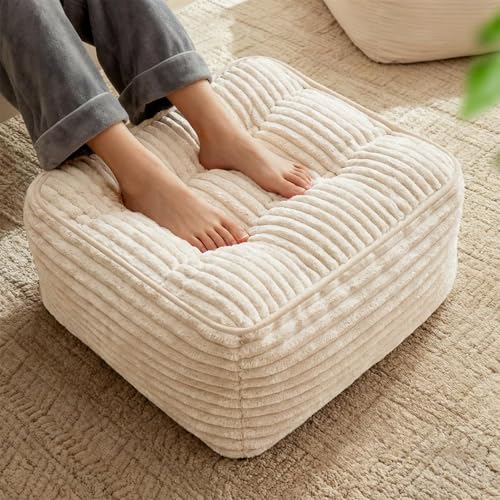 Square Pouf Ottoman, Boho Stuffed Furry and Fluffy Poufs Ottoman Foot Rest with Memory Foam Filled 25.7 x 15.7 inches Modern Corduroy Foot Rest Stool for Living Room, Beige - color: Beige