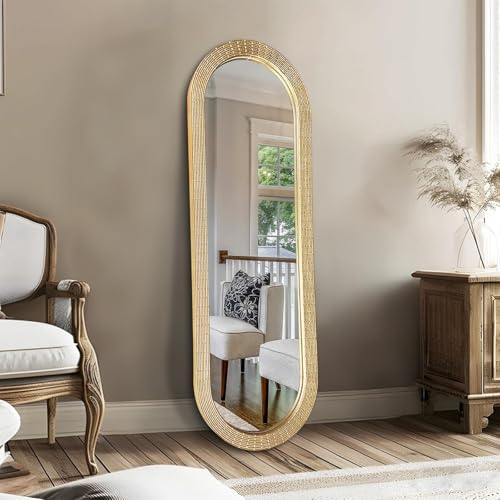 WAMIRRO Gold Oblong Wood Mirror, 47X16 Inch Hand Carved Solid Wood Capsule Frame Oval Mirror for Wall Mount, Farmhouse Boho Decor for Living Room, Bathroom, Bedroom, Hallway & Entryway - size: 47"L x 16"W