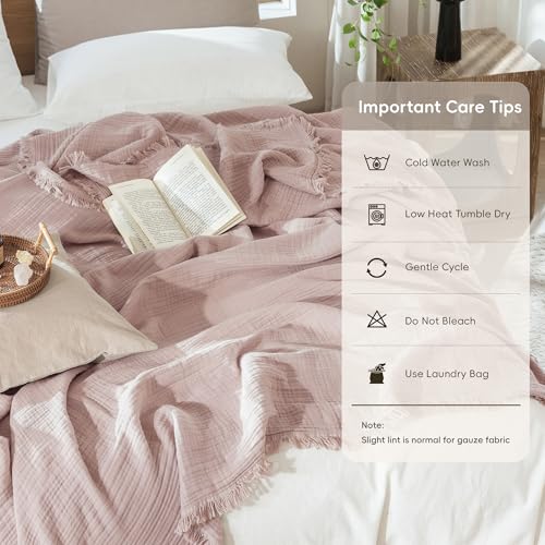 MooMee Muslin Blanket - 100% Cotton 4-Layer Gauze Throw Blanket with All-Around Fringe, Soft Breathable Lightweight Cooling Summer Blankets for Bed Couch(Greyish Pink,Oversize Queen 98" x 98") - color: Greyish Pink, size: Oversize Queen