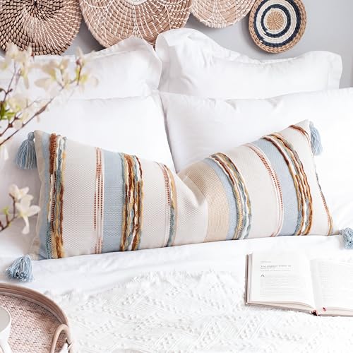 PANOD Boho Long Lumbar Throw Pillow Cover 14 x 36 Blue Brown, Chenille Morocan Extra Long Pillow Case Cover, Decorative Long Pillow for Bed Couch Sofa Farmhouse - color: Light Blue Tone, size: 36" x 14" (Pack of 1)