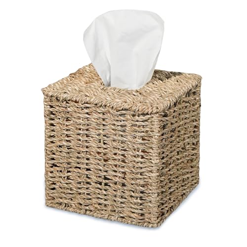 PINXIURY Seagrass Handwoven Wicker Tissue Box Cover, Natural Handmade Napkin Box Holder, Handcrafted Square Facial Tissue Holder for Bathroom, Rustic Decorative on Table and Bathroom,Boho Decorative - color: Seagrass, size: Single