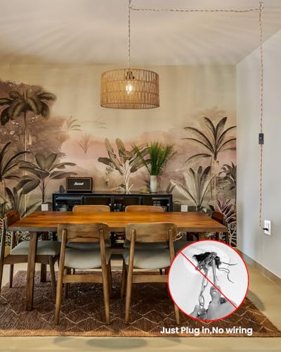 12.6 Inch Boho Hanging Light with Plug in Cord Rattan Hanging Lamp Hand Woven Rattan Wall Lightfor Bedroom, Living Room, Kitchen, Nursery, E26 Base, Indoor,Without Bulb - size: 12.60'' x 6.49''