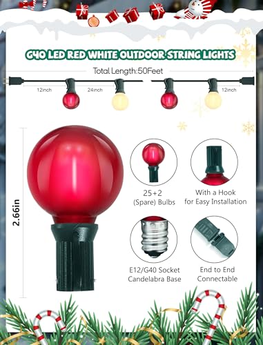 Abeja G40 Globe Patio String Light, 50Ft G40 Red White String Lights with 27 G40 LED Bulbs(2 Spare), Hanging Patio Globe String Light for Christmas Garden Holiday Party Decor-Green Line - color: Red-White-Green, size: 50FT