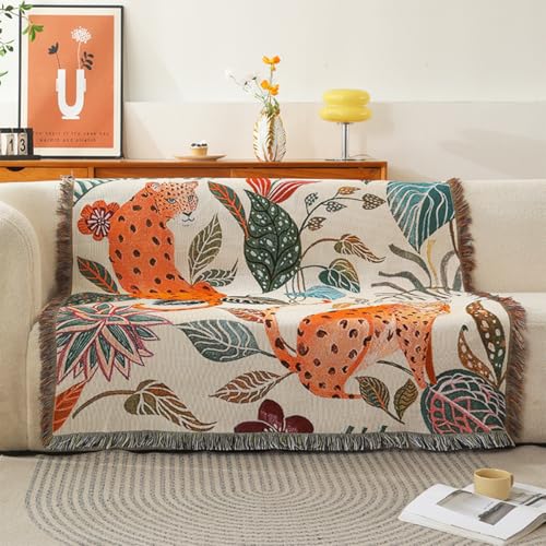 LumiSyne Double-Sided Cotton Woven Throw Blanket with Tassel Jungle Bohemian Style Tapestry Shawl Multi-Function Decorative Throws for Sofa Bed Armchair Camping Blanket Tablecloth Carpet 160x130cm - color: Searching for Leopards